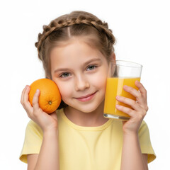 Radiant Morning Glow: Happy Little Girl Embracing Healthy Habits with Fresh Citrus and a Glass of Pure Orange Juice