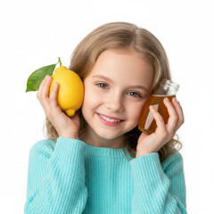 Sweet Immunity Boost: Happy Young Girl with Fresh Lemon and Honey Jar as Natural Home Remedy for Wellness and Health