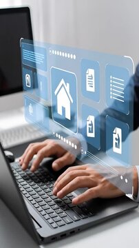 Hands interact with a digital interface showing tools for real estate transactions. The technology aids in managing property, loans, and contracts efficiently