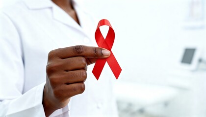 African American doctor hand holding red HIV AIDS awareness ribbon in clinic