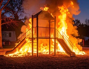 Playground structure burning with intense flames at dusk