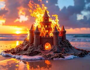 Sandcastle on fire at the beach with a warm sunset sky