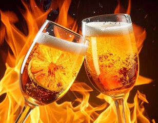 Celebrating with clinking glasses and a fiery background