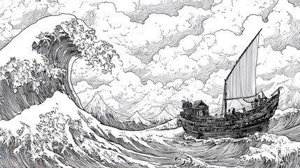 Fototapeta premium Detailed pen drawing of a ship at sea, facing a large wave, cloudy sky background