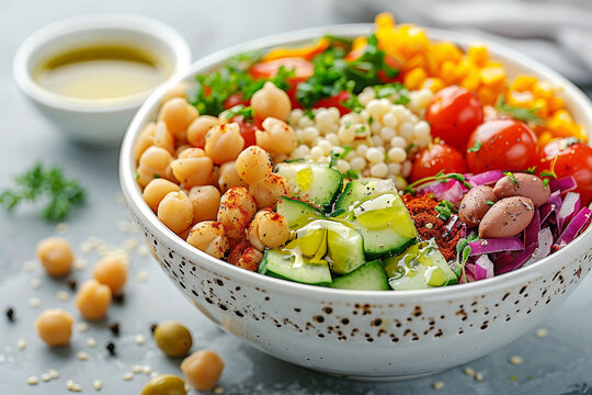 A vibrant salad bowl featuring chickpeas, cucumbers, cherry tomatoes, corn, red onion, couscous, fresh herbs, and olive oil dressing. Perfect for healthy eating. - Powered by Adobe
