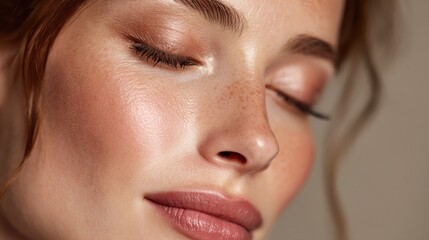 Close-up of young caucasian female with freckles and natural makeup.