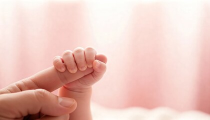 Tiny newborn hand clasping adult finger in soft light macro shot