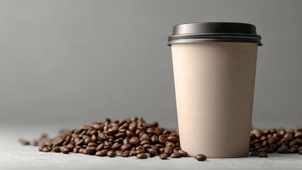 Takeaway Coffee Cup with Roasted Coffee Beans on Neutral Background