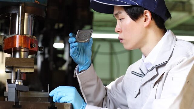 工場でプレス機械を操作する男性作業員