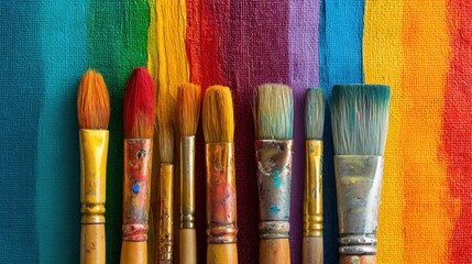 Fototapeta premium Colorful paintbrushes against a canvas with rainbow stripes.