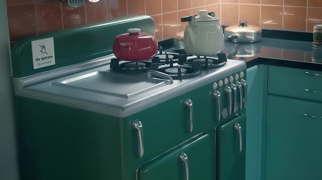 Kitchen in America 50-60s with variety of dishes and gas stove on which stand a white teapot and a red saucepan. Shot in motion