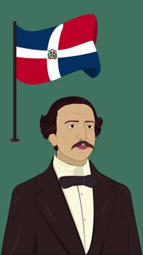 Birth of Juan Pablo Duarte, Founding Father of the Dominican Republic and Dominican independence, with a waving Dominican flag in the background.