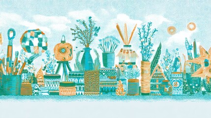 Artistic scene depicting craft supplies and decorative objects against a blue sky