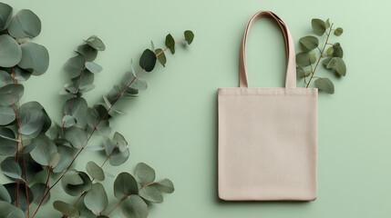 Blank beige canvas tote bag with fresh eucalyptus branches on a pastel green background, sustainable lifestyle and eco-friendly shopping concept mockup for branding