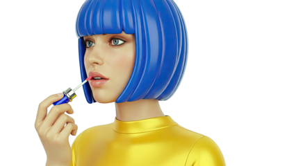 Woman with blue bob applying lip gloss