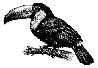 Obraz premium Hand drawn line art illustration of a toucan depicting a tropical bird perched on a branch for exotic nature designs