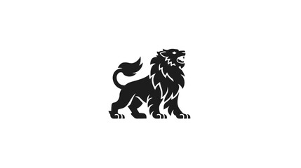 Obraz premium Powerful black lion silhouette roaring, a stylized graphic symbol of strength and courage on a clean white background.
