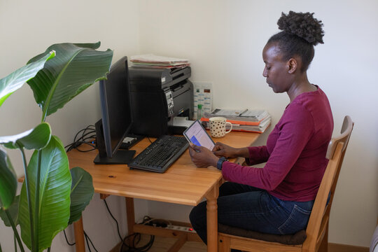 freelancer woman works online from home, reading email