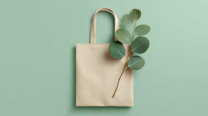 Beige canvas tote bag with eucalyptus branch on mint green background, eco friendly shopping concept and sustainable lifestyle mockup for retail and branding