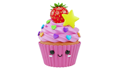 Kawaii Strawberry Cupcake with Hearts and Star