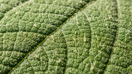 Close-up macro shot revealing the intricate texture, veins, and tiny hairs on the vibrant green surface of a plant leaf.