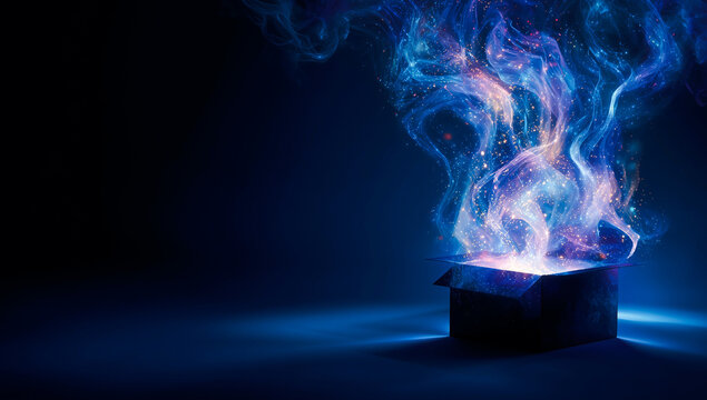 Magical glowing blue light and swirling smoke rising from an open mystery gift box on a dark navy background. Side view of mystical energy and particles in a moody studio setting.