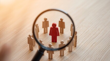 A magnifying glass focuses on a unique person, highlighting leadership and distinction. The scene showcases a leader among a group, emphasizing focus and precision