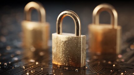 Three gold padlocks on a circuit board, symbolising data security and protection