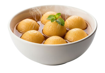 gulab jamun dessert in syrup with mint garnish in white bowl