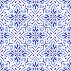 Crédence de cuisine Portugal carreaux de céramique patrons Mediterranean blue seamless pattern on white background. Azulejo, talavera or majolica tile. Portuguese, Moroccan, Sicilian, Spanish folk motifs. Geometric mosaic, floral ornament. Vector illustration  © Vodoleyka