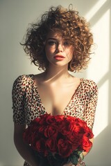 Beautiful Young Woman Holding Red Roses in Natural Light Valentines Day Concept