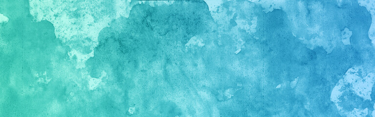 Light blue green sea teal mint turquoise aqua cyan abstract pattern watercolor. Color gradient. Colorful art background. Brush splash daub stain grunge. Empty space design ad. Wide banner. Panoramic.