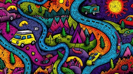 A vibrant, whimsical illustration depicts a winding road journey through colorful, fantastical landscapes, featuring various vehicles and camping elements
