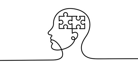 A minimalist line drawing of a human head with a puzzle piece brain, symbolizing problem solving and mental health.