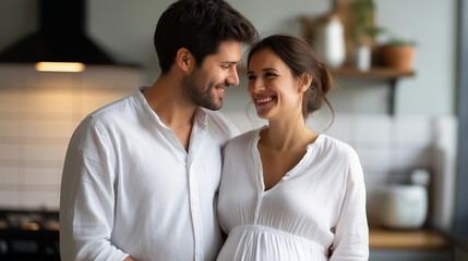 Pregnant woman with partner in matching white shirts, faceless minimalist kitchen maternity scene, prenatal bonding moment, clean aesthetic pregnancy content, modern home