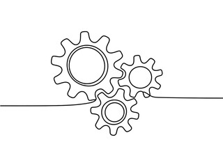 A minimalist line drawing of three interlocking gears on a white background