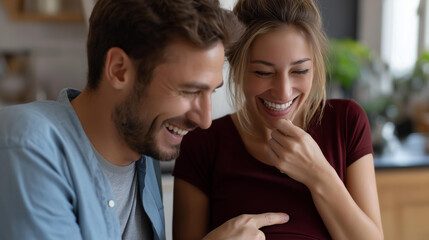 Fototapeta premium Faceless couple laughing with man pointing at pregnant belly, joyful maternity moment at home, prenatal bonding happiness, partnership support photography, expecting parents