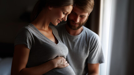 Obraz premium Faceless pregnant couple looking at belly in casual clothing, prenatal bonding curiosity, partnership support moment, relaxed maternity lifestyle, everyday pregnancy content, with