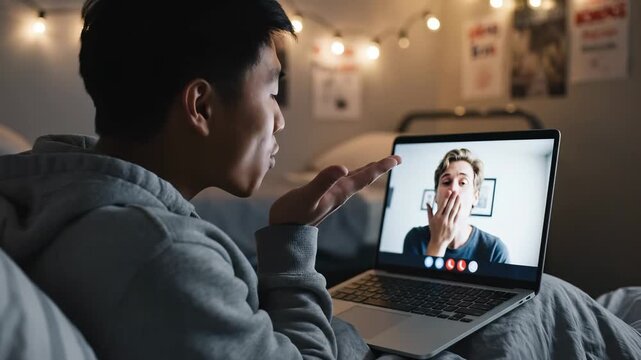 Two friends catch up through a video call, sharing smiles and stories in a cozy bedroom. Strings of lights create a warm atmosphere as laughter fills the space late at night.