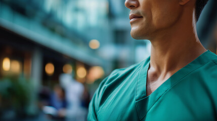 Fototapeta premium Faceless medical professional in green scrubs, hospital corridor standing portrait, healthcare content photography, clinical environment setting, professional services