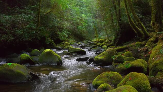 A serene river stream weaving through moss-covered stones in a lush rainforest 4k footage
