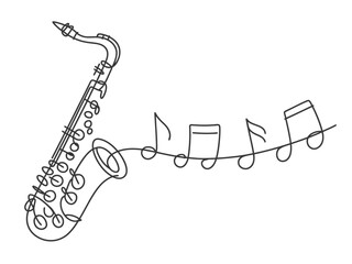 A simple line drawing of a saxophone with musical notes floating out of it