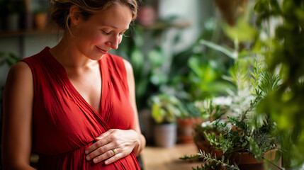 Faceless pregnant woman in red dress with plants background, happy maternity moment, prenatal wellness photography, botanical home decor, expecting parents lifestyle, natural