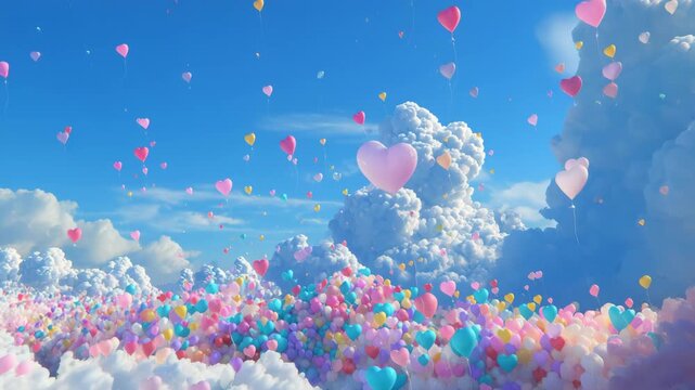 入道雲の下でハートと丸風船が舞う