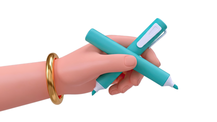 Stylized Hand Holding Two Teal Markers with Gold Bracelet