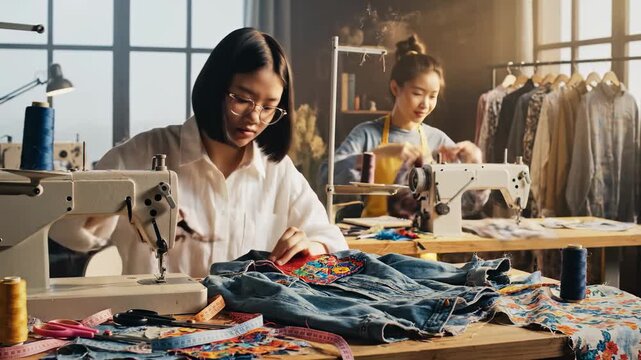 In a bright workshop, skilled artisans passionately sew denim garments adorned with vibrant embroidery.