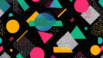 Vivid pattern with various geometric shapes and textures, scattered over a black background