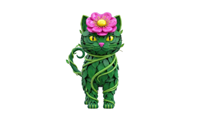 Green Cat Sculpture Adorned with Leaves and Flower