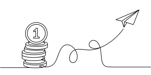 A simple line drawing of a stack of coins with a paper airplane flying away