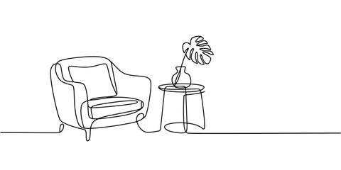 A minimalist line drawing of a comfortable chair and side table with a plant